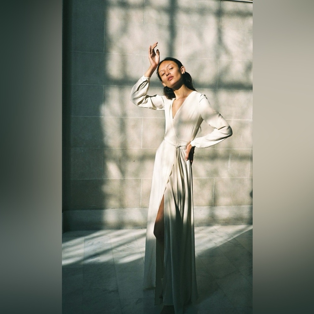 NWT 100% silk charmeuse Kamperett ivory maxi wrap dress